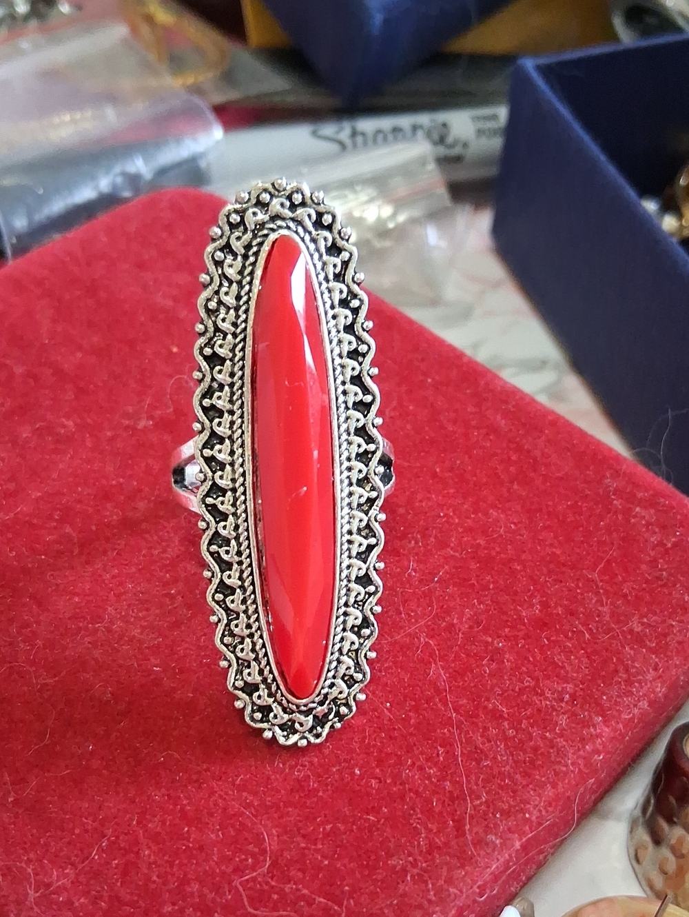 Source Unknown Silver Filigree Red Marquise Cocktail Ring